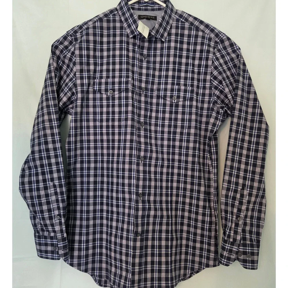 Banana Republic‎ Slim Fit Mens Large Navy Blue White Plaid Button Down Shirt L